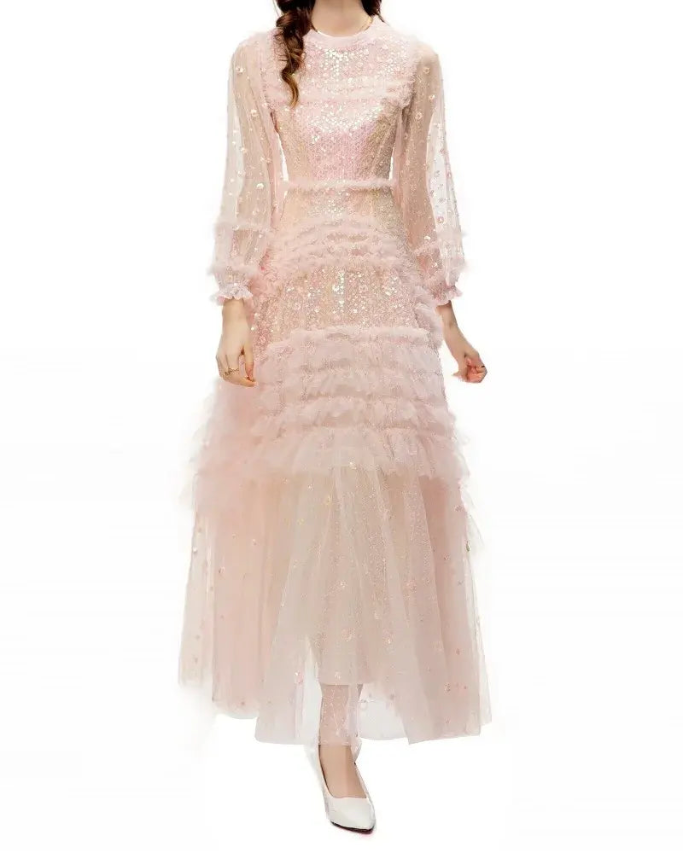 Caroline -  Sequined Lace Mix, Long Sleeve Pink Red Maxi Gown Dress