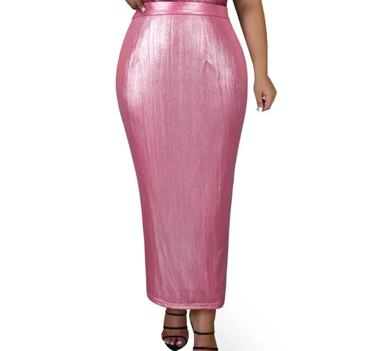 Solid Hot Pink High Waist Glitter Long Pencil Skirt