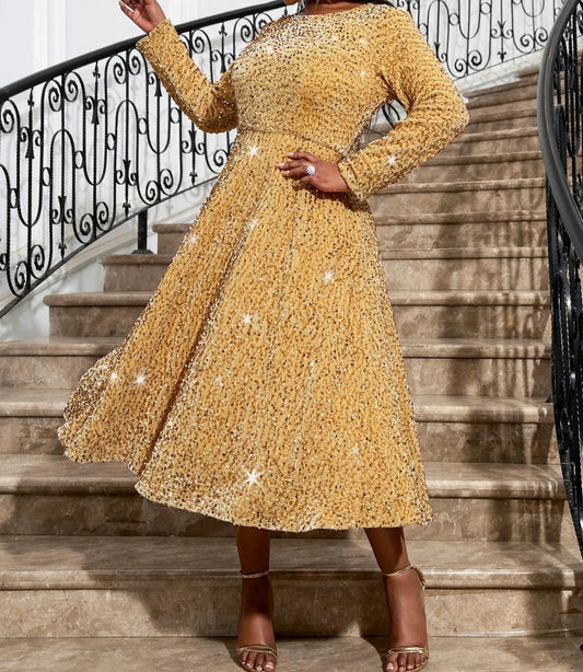 Arielle - Gold Sequin A Line Midi Dress