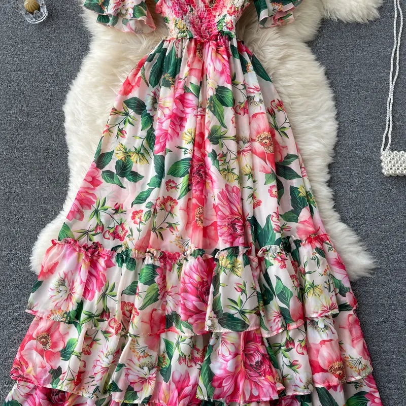 Bohemia V Neck Ruffles Chiffon Flower Dress