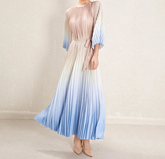 Misaki - Pleated Dress with Loose Belt Gradient Flare - One Size, Plus Size Available