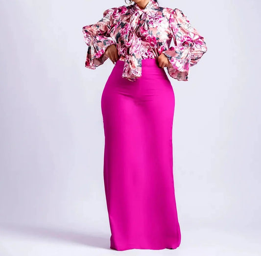 2 Piece Set - Tie Neck, Long-sleeved Shirt with long skirt