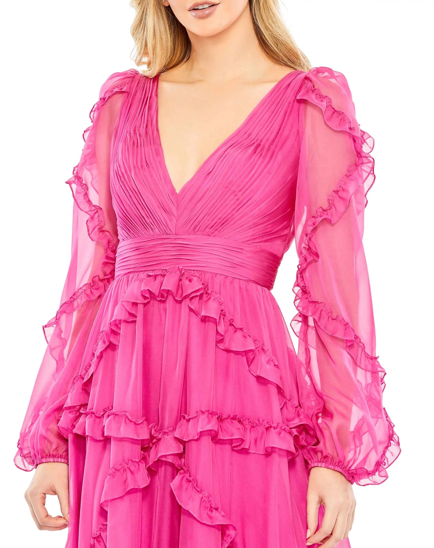 Camellia - Deep V Neck Cascading Ruffle Long Puff Sleeve High Waist Chiffon Maxi Dress