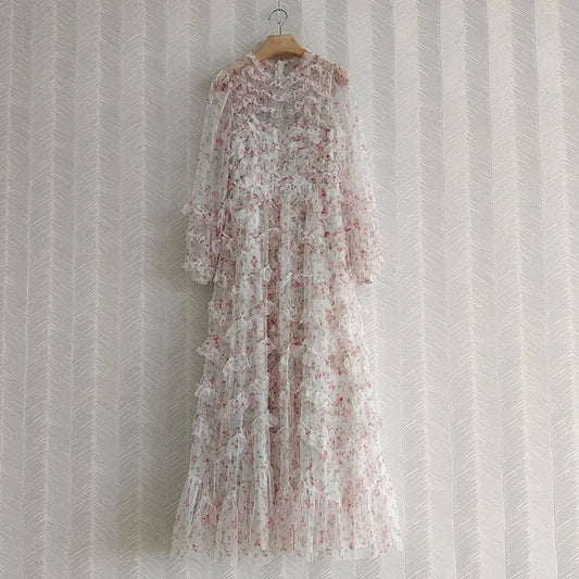 Belle - Allover Cascading Ruffle Flower Long Sleeve Maxi Dress