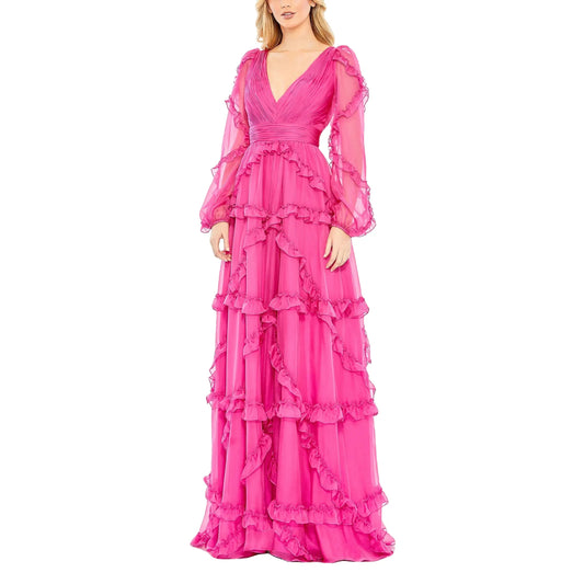 Camellia - Deep V Neck Cascading Ruffle Long Puff Sleeve High Waist Chiffon Maxi Dress