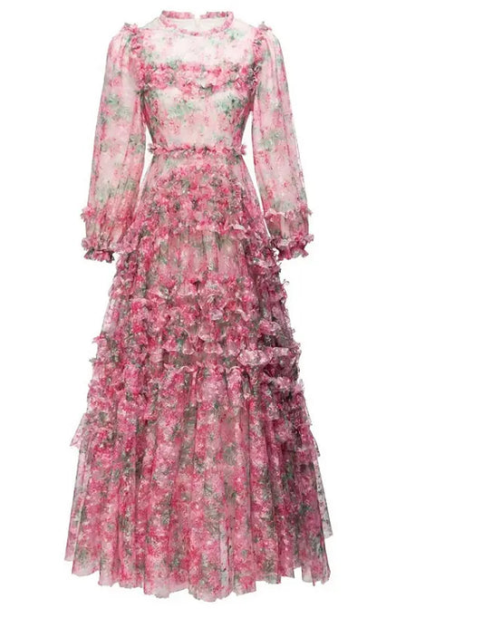Juliet - Charming Floral Cascading Ruffle Long Sleeve Maxi Dress