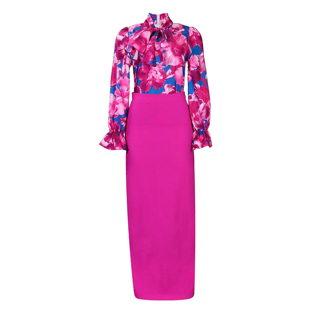 2 Piece Set - Tie Neck, Long-sleeved Shirt with long skirt
